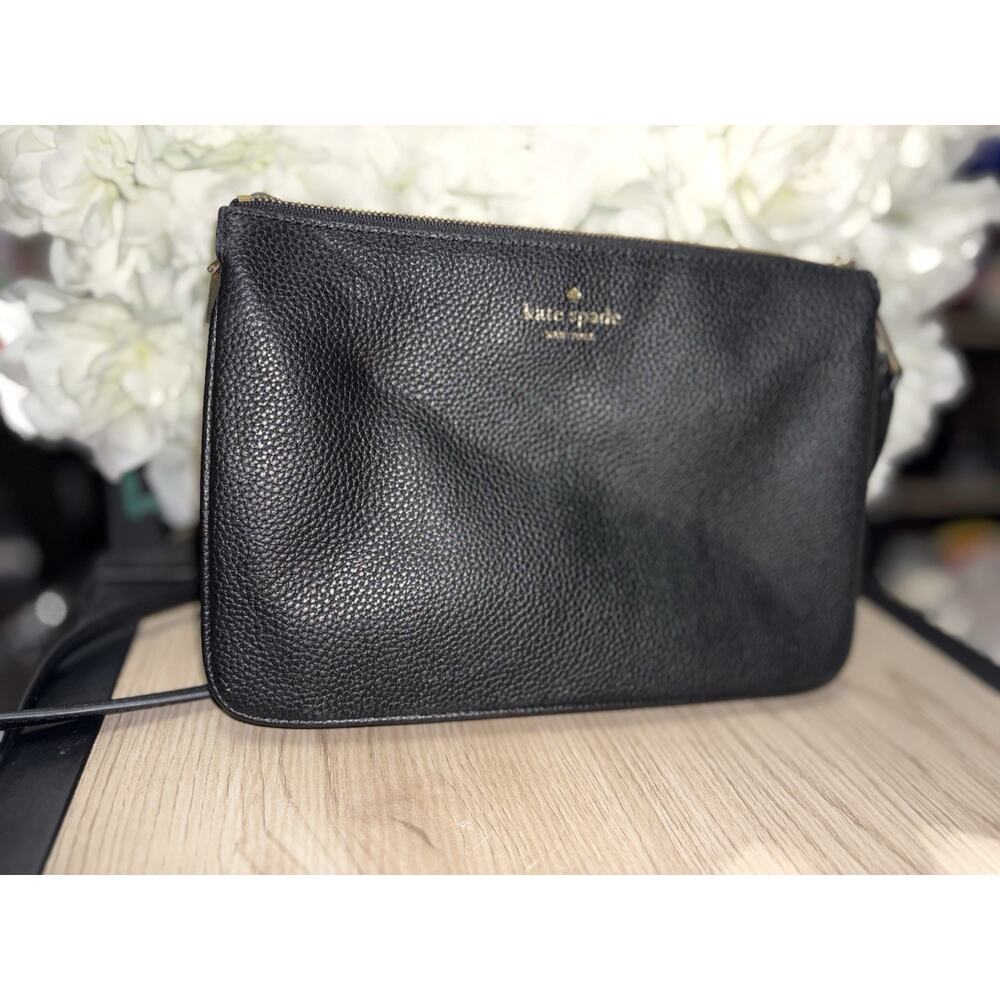 Kate Spade Leila Black Pebbled Leather Triple Gusset Crossbody Bag Authenticated